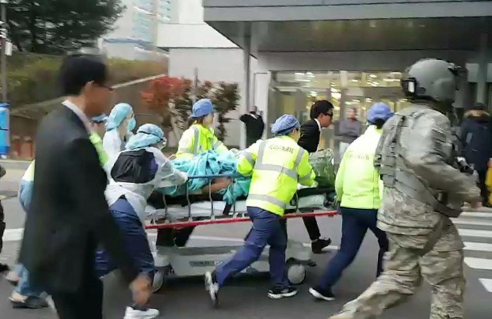  The North Korean soldier is carried into a hospital in Suwon, Gyeonggi Province, South Korea after being shot