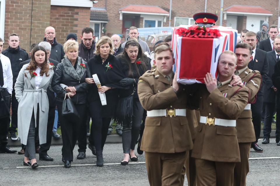  The coffin of Lance Corporal Scott Hetherington was carried into All Saints and Martyrs Church in Langley, Greater Manchester