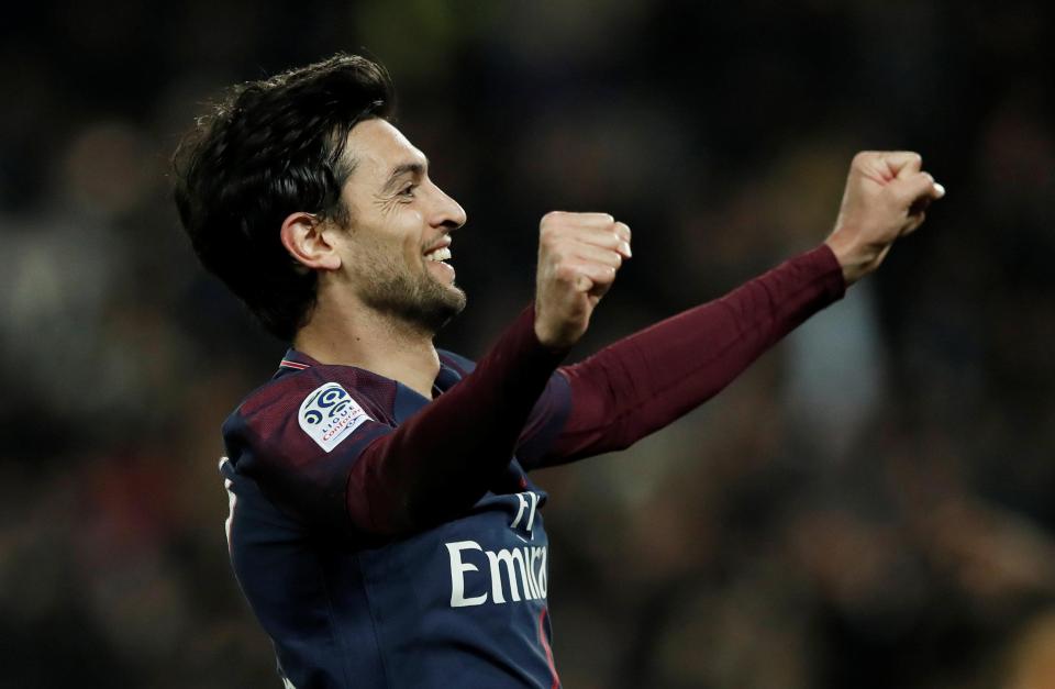  Javier Pastore celebrates after netting Paris Saint-Germain's third of the day