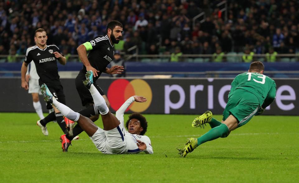  Chelsea were awarded their first penalty of the night when Willian took a tumble