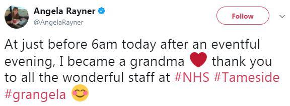 #grangela Angela Rayner took to Twitter to announce the birth of her first grandchild