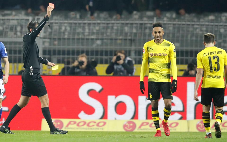  Pierre-Emerick Aubameyang was sent off as Borussia Dortmund surrendered a 4-0 lead to Schalke