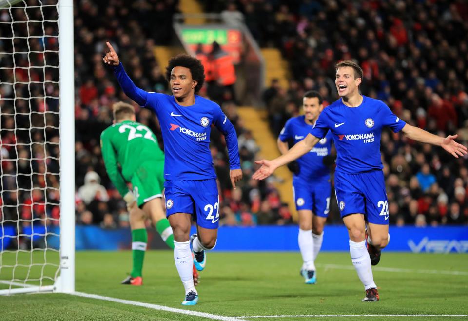  Willian celebrates his goal against Liverpool - but he is not always a regular in the starting line-up at Chelsea