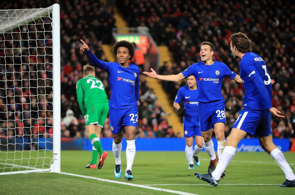  Willian snatched a point for Chelsea late on at Anfield on Saturday