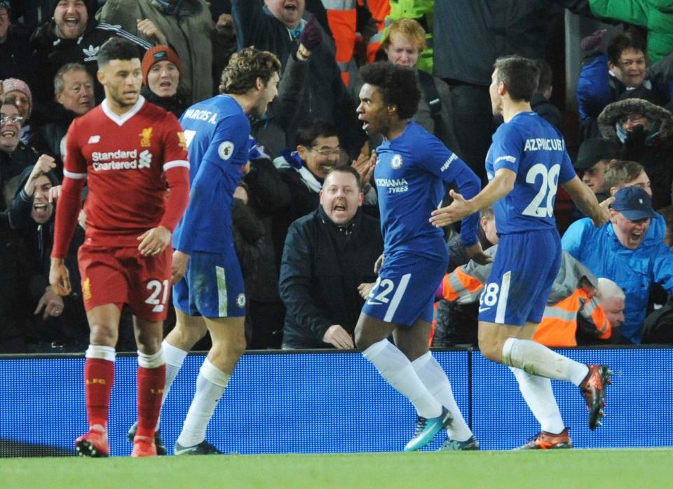  Willian celebrates after netting a late Chelsea equaliser