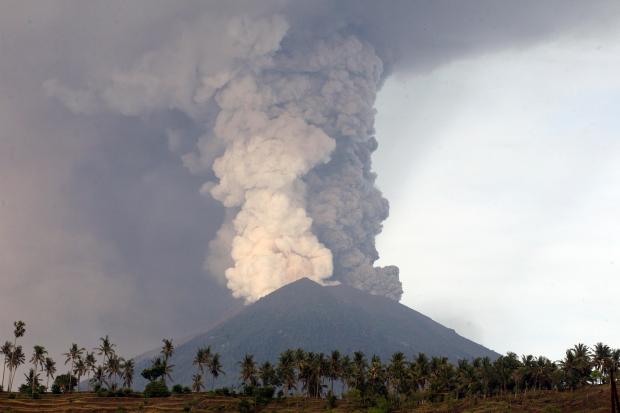 A view of the Mount Agung volcano erupting in Karangasem, Bali, Indonesia, on Monday, November 27