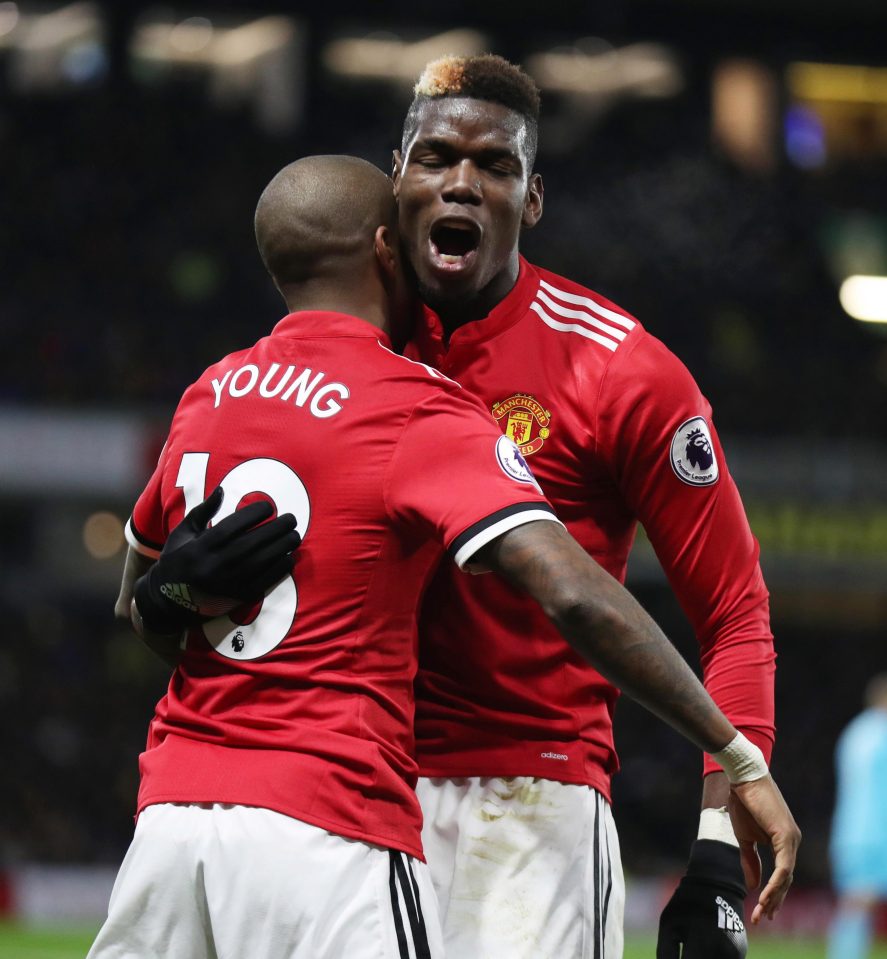  Paul Pogba congratulates Ashley Young after his opener