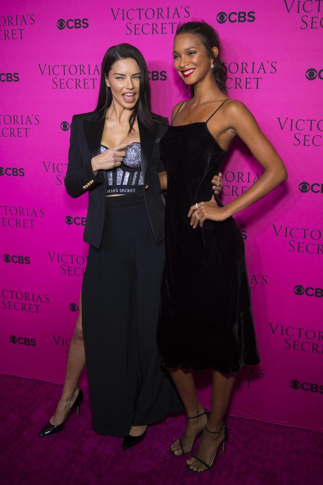  VS veteran Adriana Lima larked around at the event with Lais Ribeiro, who wore this year's Fantasy Bra