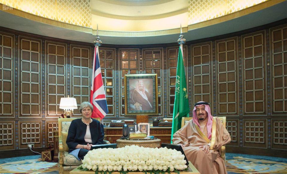  May is pictured with Saudi King Salman bin Abdulaziz in in Riyadh, Saudi Arabia