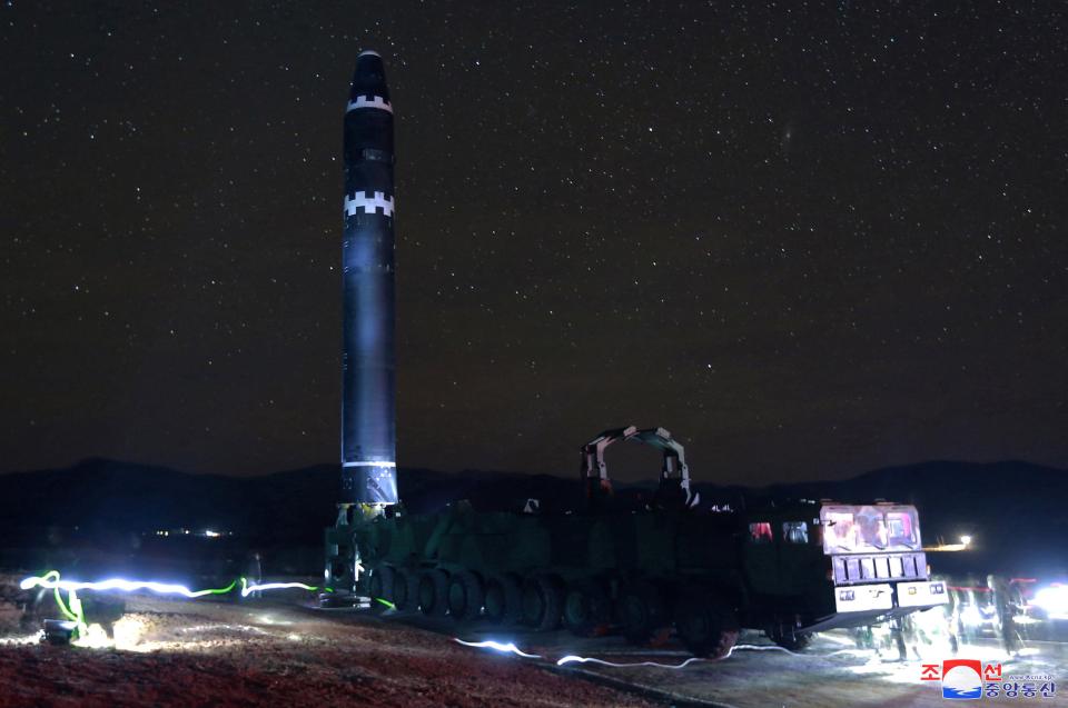  The rocket was wheeled out on a mobile launcher in North Korean TV pics