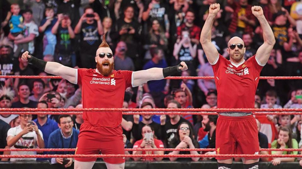  Sheamus and Cesaro wearing Liverpool shirts in Manchester