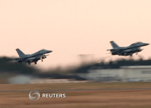  Video released via the news agency Reuters shows the lethal fighter jets taking off