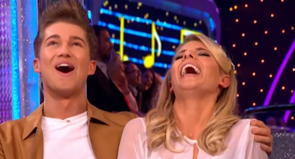  Mollie King and partner AJ were forced to laugh when Claudia Winkleman teased them