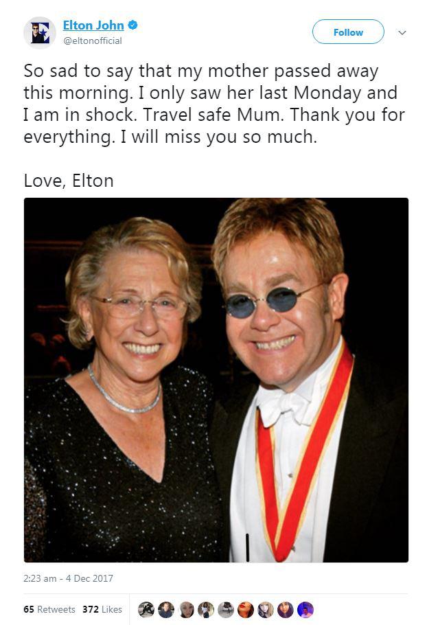  Sir Elton paid a touching tribute to his mum after announcing her death on December 4