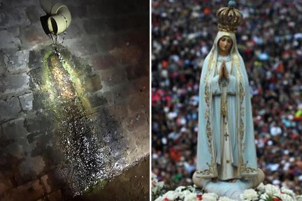 Worshippers have said this patch of algae, left, looks like the Virgin Mary, right