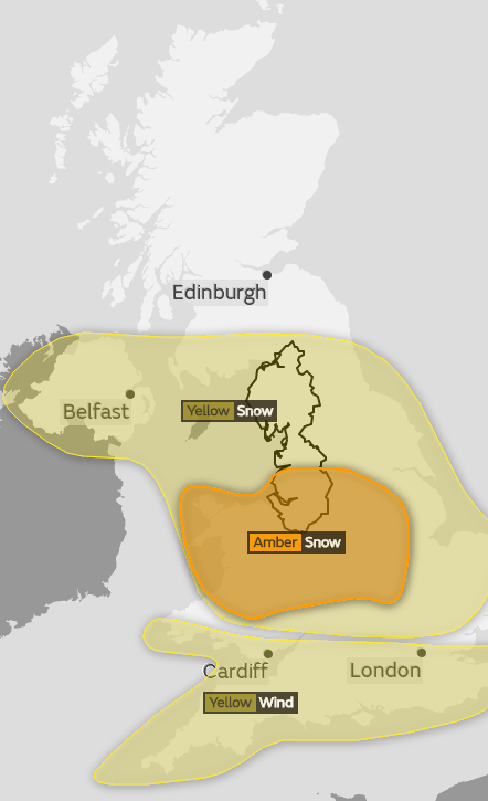  A huge chunk of Northern England is set to be engulfed by snow on Sunday