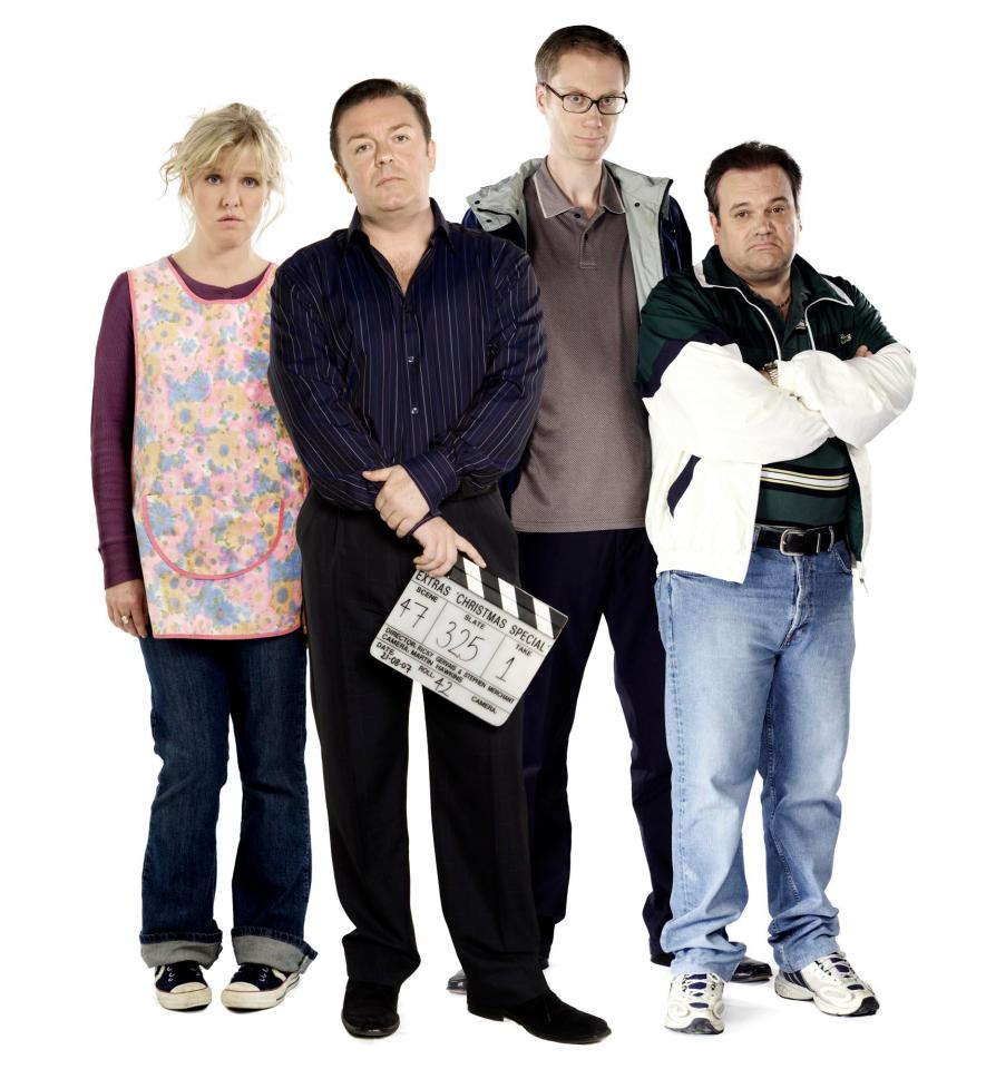  Ashley alongside Ricky Gervais, Stephen Merchant and Shaun Williamson in hit TV series Extras