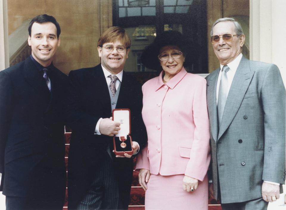  David Furnish, Elton and Sheila in 1998 when the musician received his knighthood