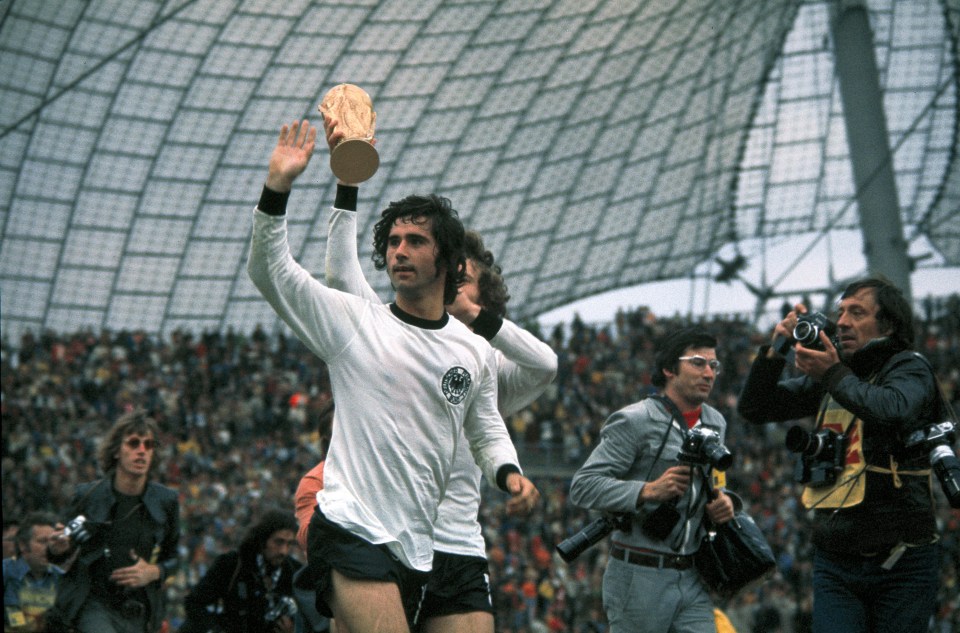 Gerd Muller celebrates Germany's World Cup win in 1974 at the Munich Olympiastadion