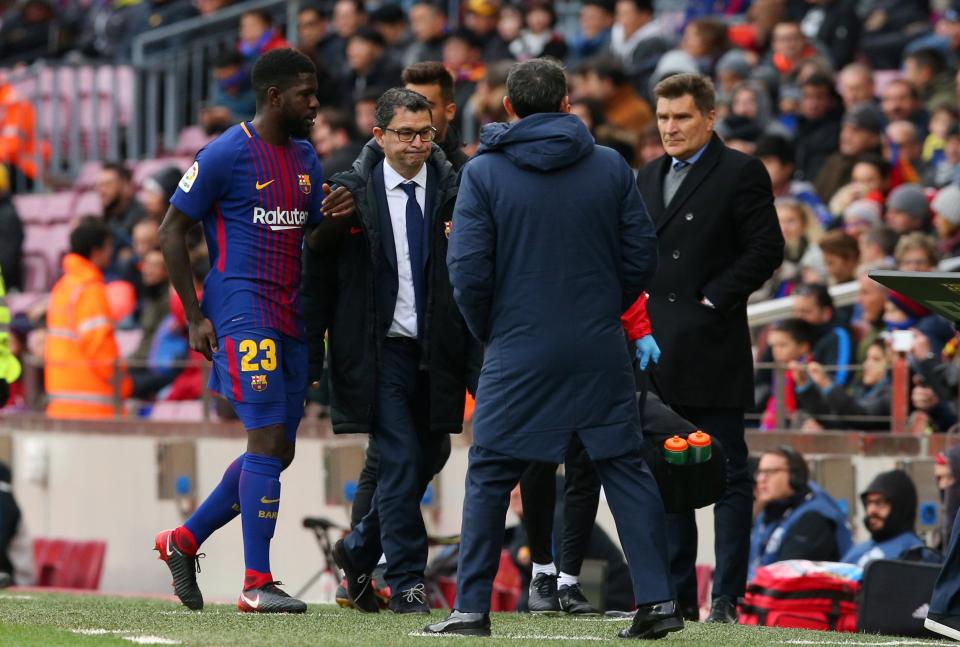  Samuel Umtiti is facing two months on sidelines after pulling hamstring against Celta Vigo