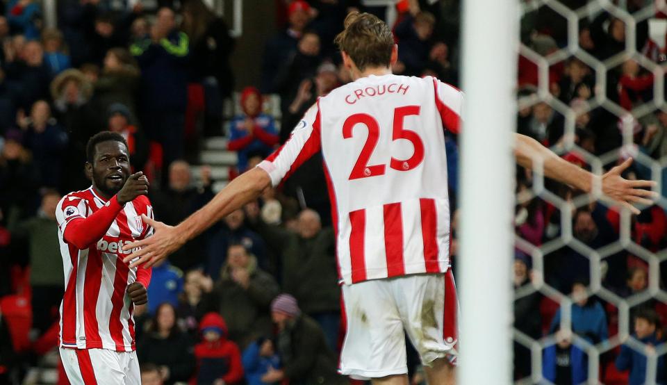  Mame Biram Diouf celebrates with Peter Crouch who played a key role in the goal