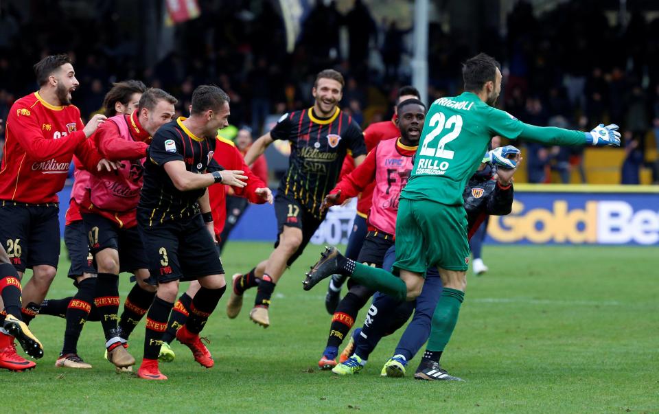  Benevento players celebrate after last-gasp equaliser by goalkeeper