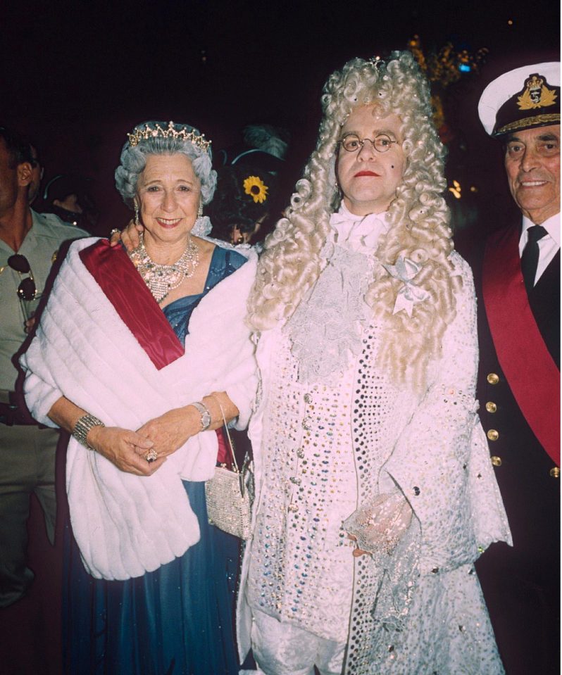  Elton John at his 50th birthday party with his mum and stepdad - dressed as The Queen and Prince Philip