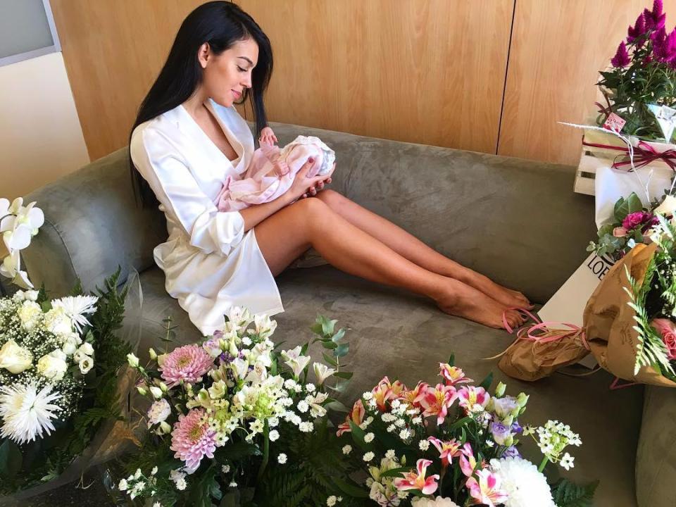  Georgina Rodriguez poses with newborn daughter Alana Martina