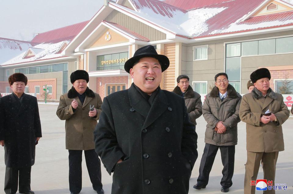  Despite the apocalyptic prospect of nuclear war in the Korean peninsula, North Korea has issued a series of photographs of an overjoyed-looking Kim Jong-un inspecting food factories