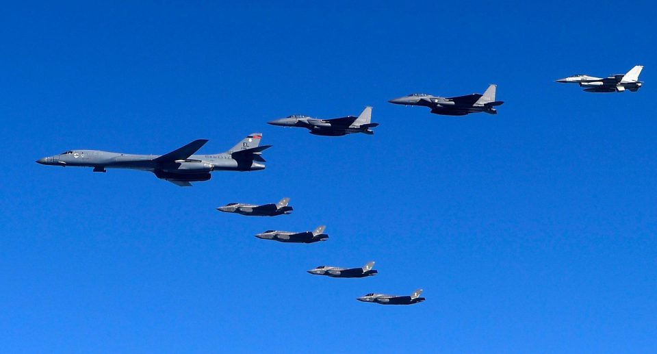  A B-1B bomber is escorted by South Korea and US fighter jets as it carries out war drills over the Korean Peninsula