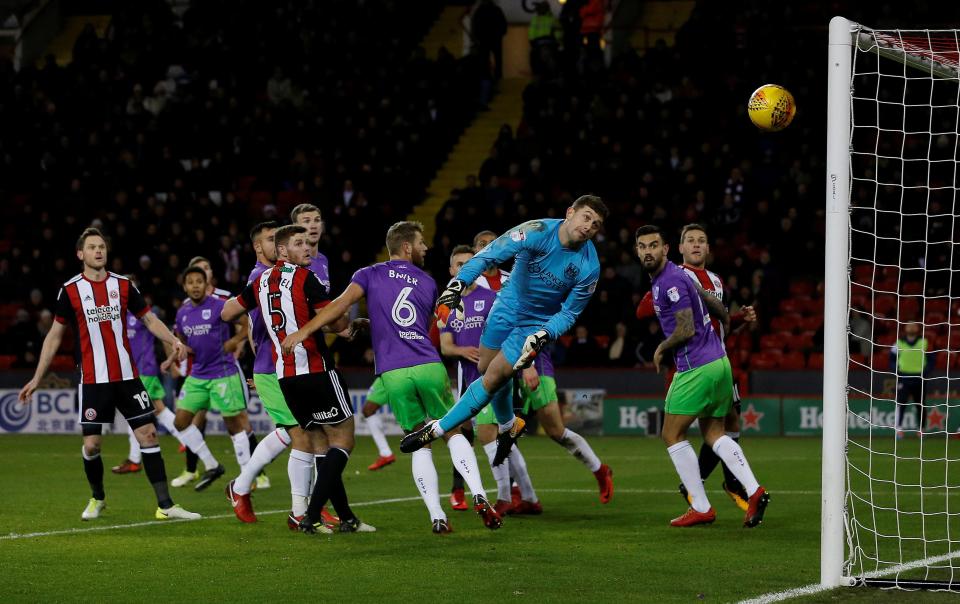  Frank Fielding makes a stunning save from Billy Sharp's header