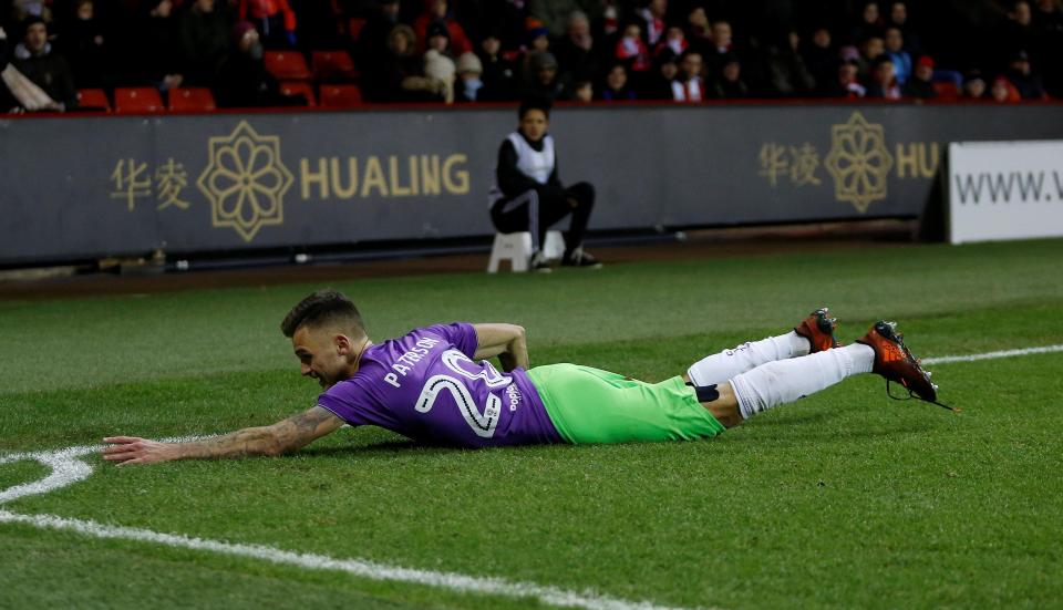  Striker Paterson celebrates his fifth goal of the season