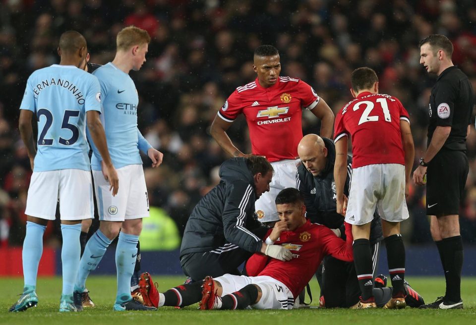  Marcos Rojo looked in a sorry state after the clash of heads