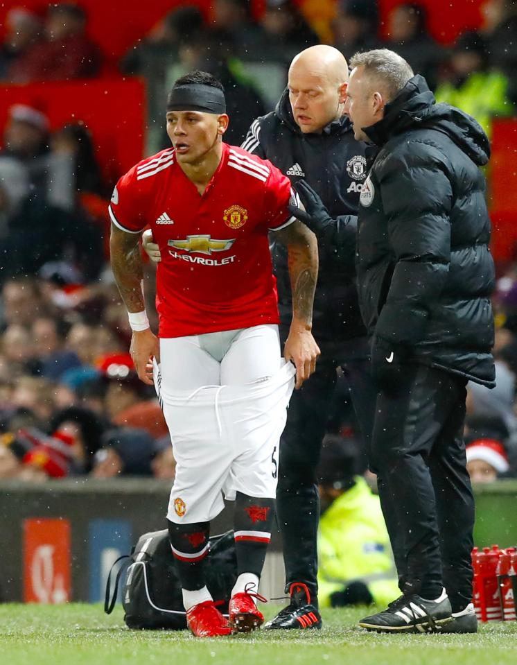  Man United defender Marcos Rojo needed a head bandage