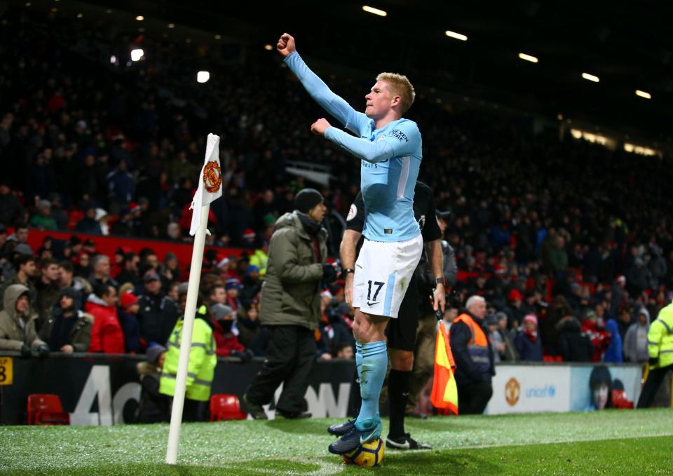  Kevin de Bruyne celebrates during Man City's win at Old Trafford