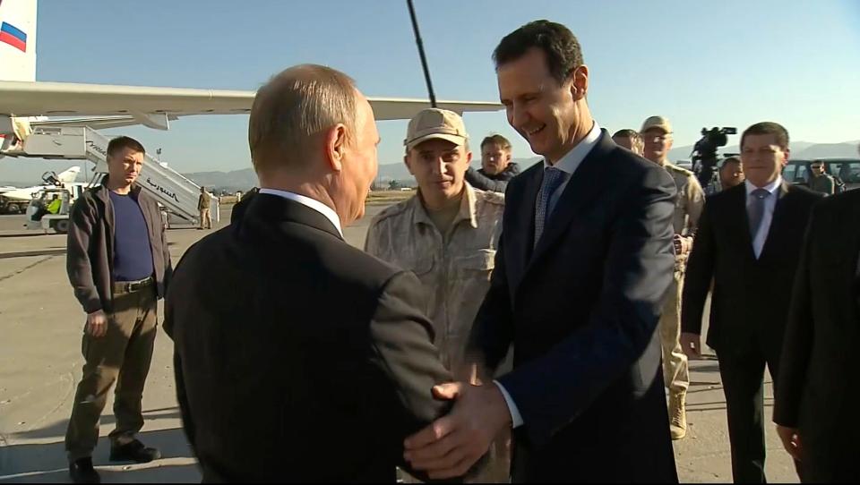  He held talks with his close ally Bashar al-Assad, who greeted him on the tarmac at Hemeimeem air base