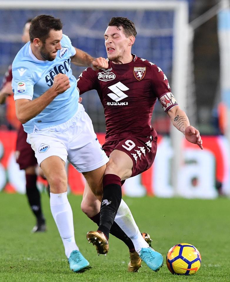  Stefan De Vrij deals with Andrea Belotti as Lazio take on Tonio