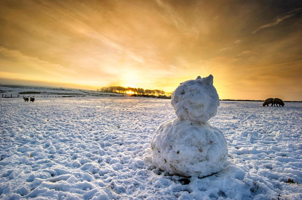  A golden sun rises as sheep graze in the snow-covered fields in Bolton