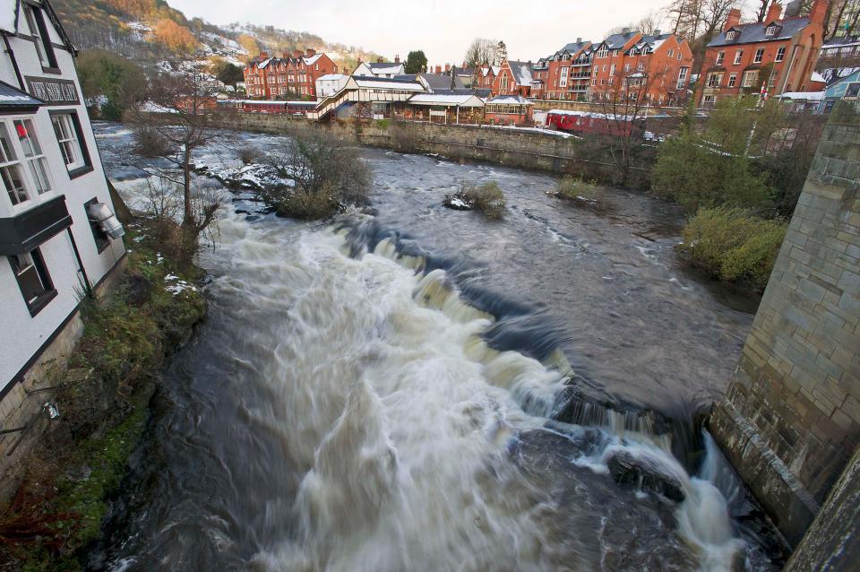  The swollen River Dee could burst its banks overnight in Llangollen, North Wales