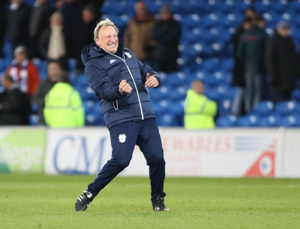  Neil Warnock celebrates after Cardiff beat Hull City