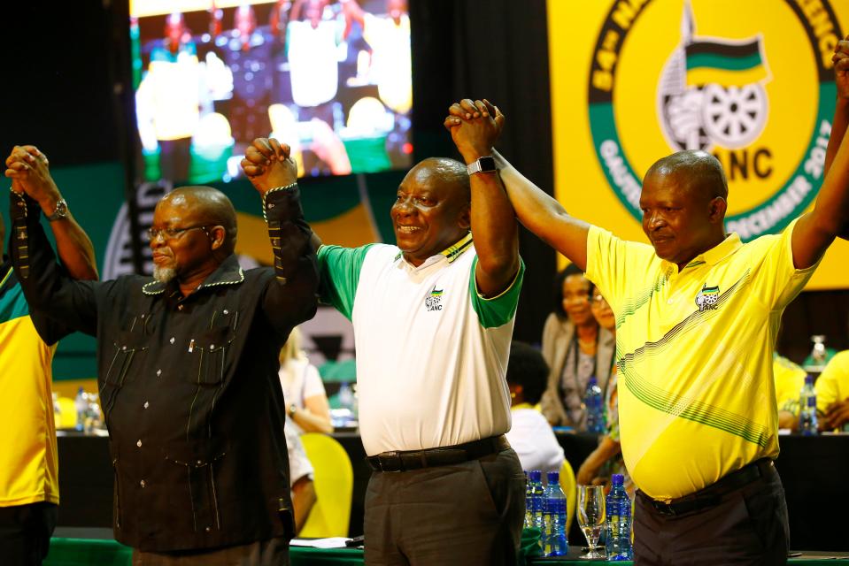 New ANC President Cyril Ramaphosa celebrates on stage