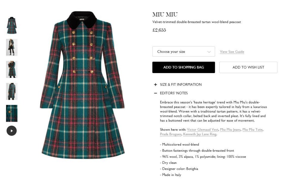 Kate’s Miu Miu tartan peacoat is available from Net-a-Porter, but stocks are running low