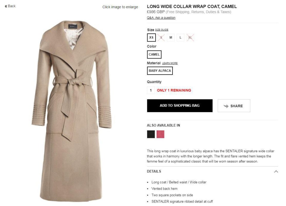 You can buy Meghan’s camel wrap coat from Sentaler