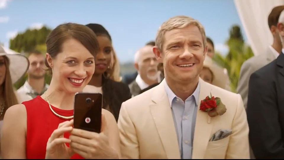  Office star Martin Freeman interrupts glam wedding overseas to discuss Vodafone tariffs abroad in ad that came in at No7