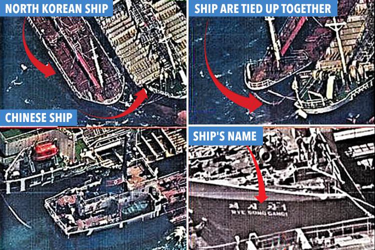  These satellite images appear to show tankers tied up to each other with pipes transferring oil… the US believes Chinese vessels are pumping fuel into North Korean ships