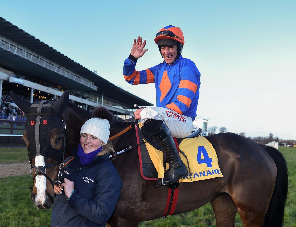  Davy Russell celebrates his win on Mick Jazz