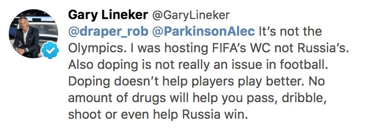  This is the tweet in which Gary Lineker said doping is 'not really an issue in football'