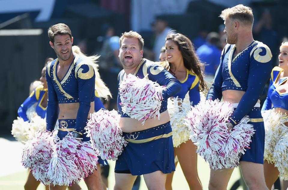  James Corden performs as a cheerleader at a LA Rams game with Jamie Redknapp and Andrew Flintoff