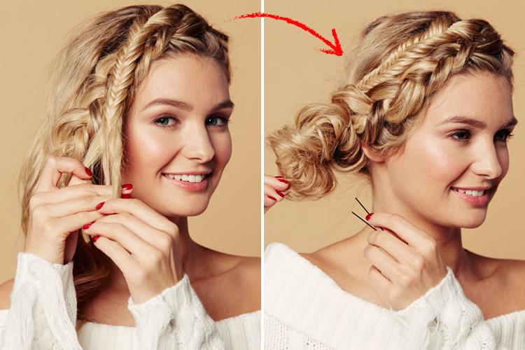  After securing the braid with an invisible hairband, create a fish tail plait with a smaller section of hair