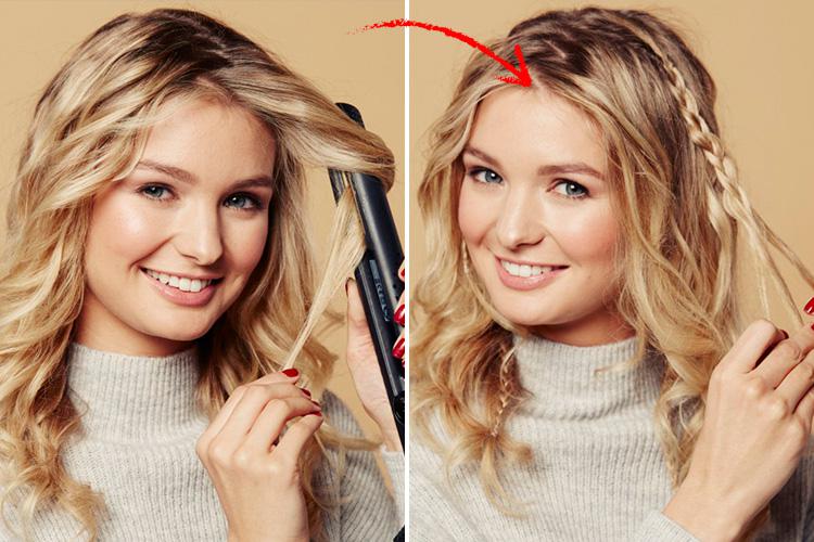  After creating the loose curls with your straighteners, take tiny sections of hair and split into three when braiding